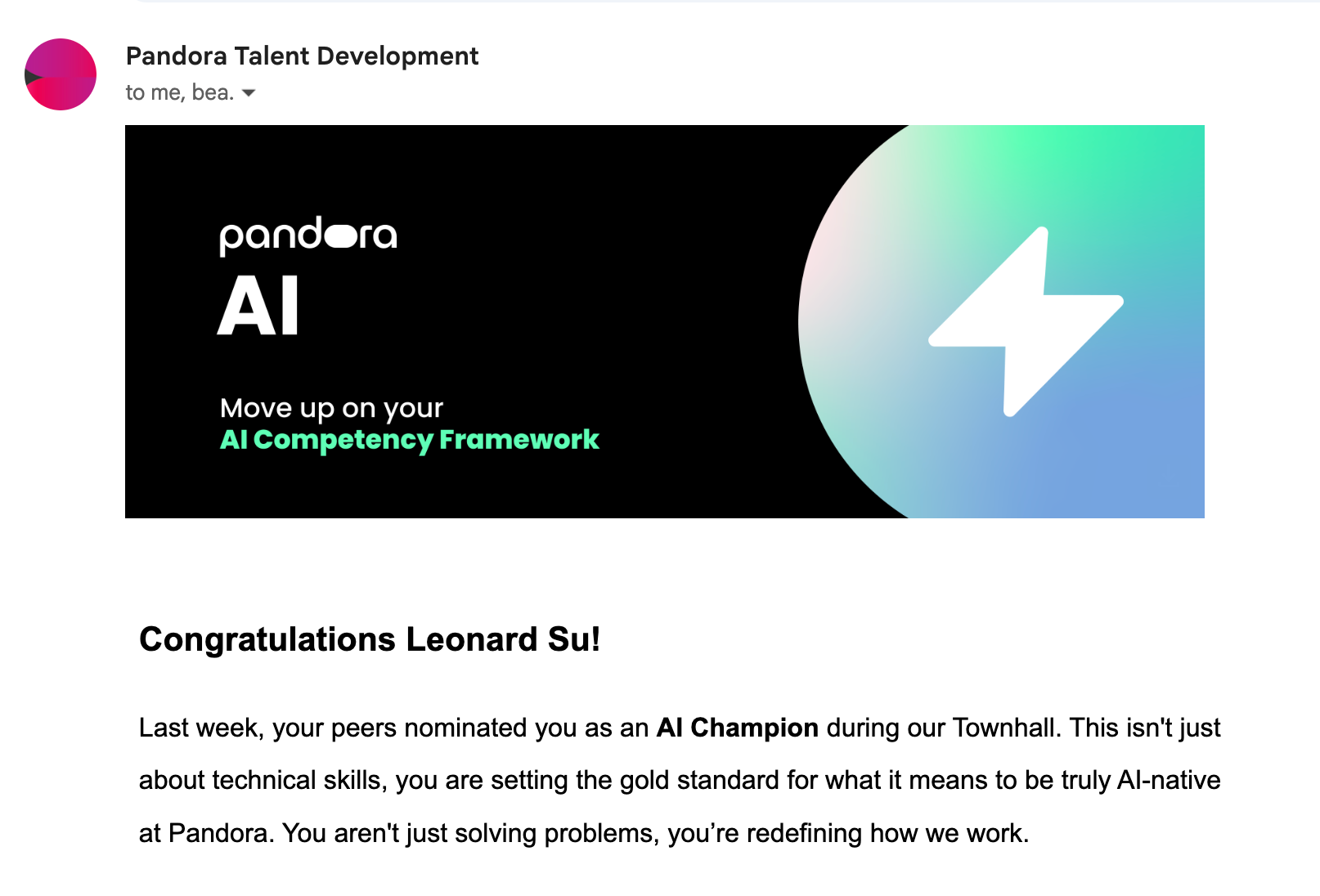 Pandora AI Champion nomination email