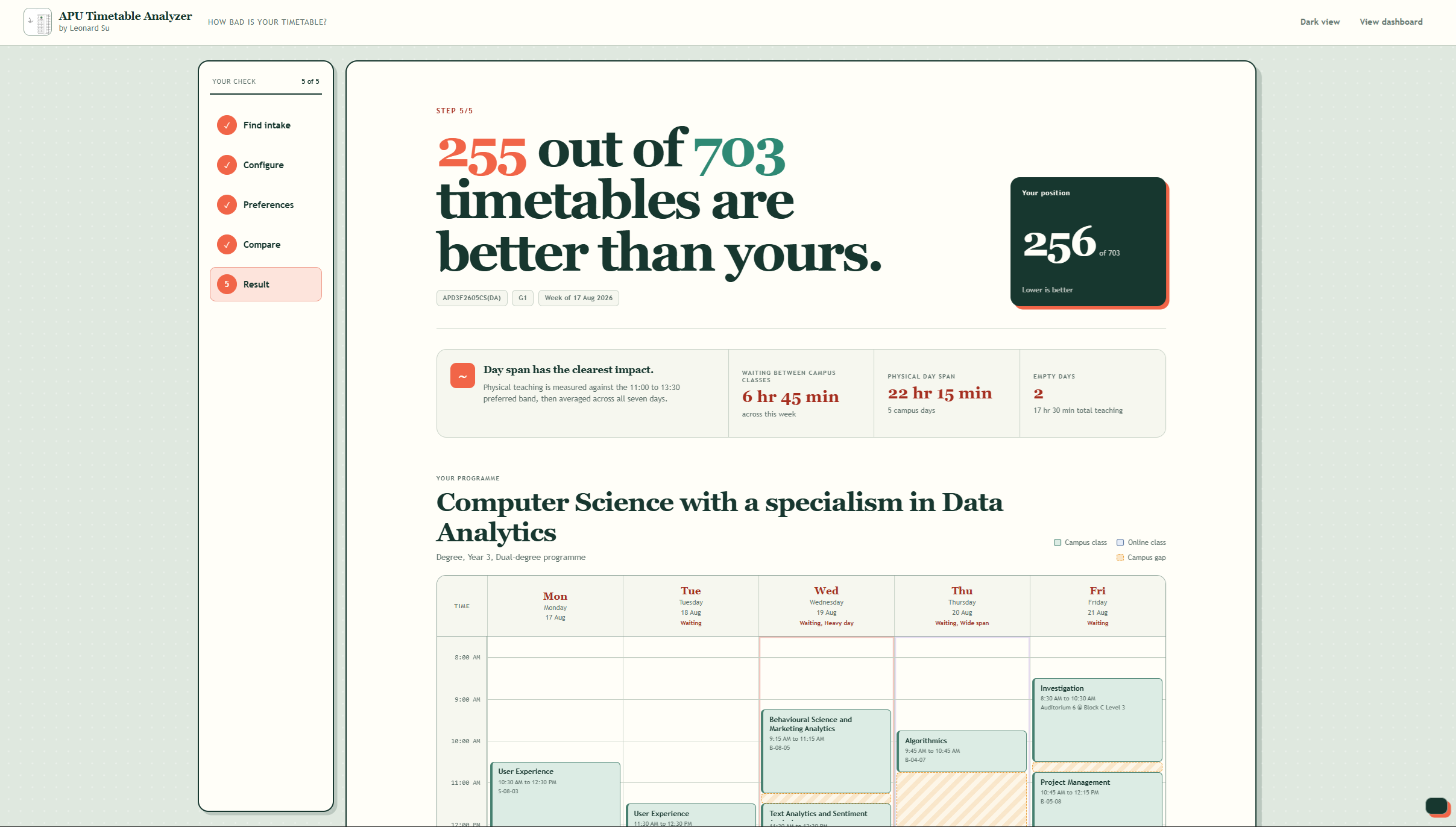 APU Timetable Analyzer result page